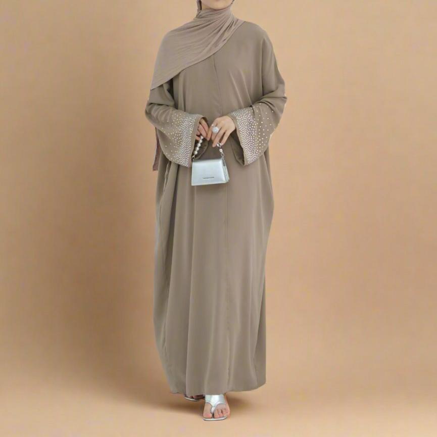 Glamorous Nights: Button-Down Abaya with Rhinestone Sleeves - Try Modest Limited