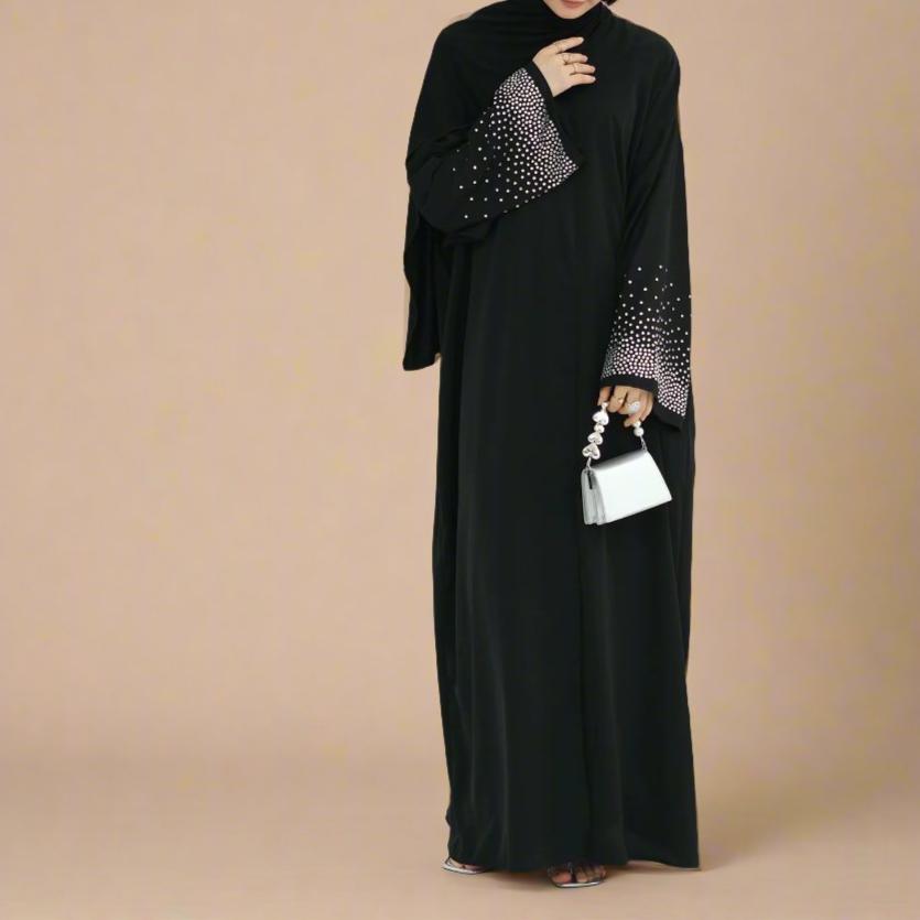 Glamorous Nights: Button-Down Abaya with Rhinestone Sleeves - Try Modest Limited