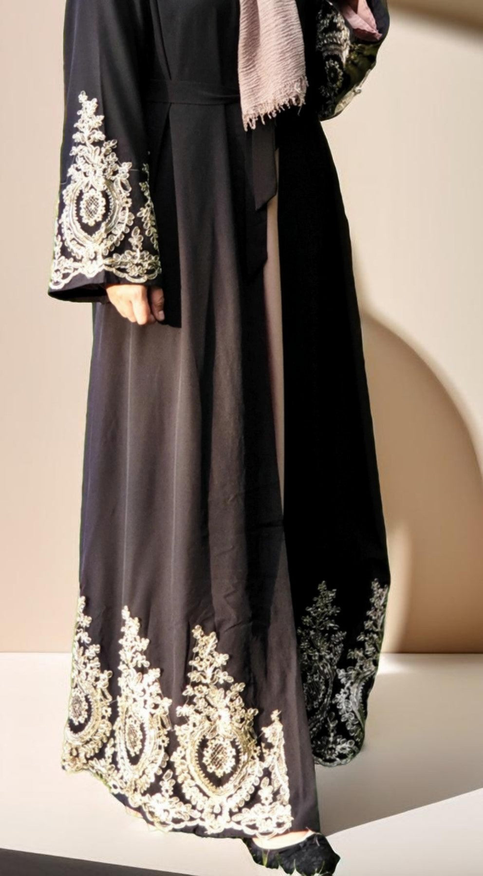 Gold lace ramadan abaya - Try Modest Limited 