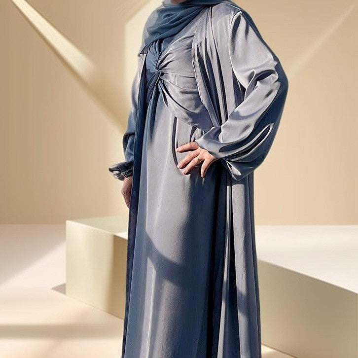 grey abaya dress Jameela Light Grey Classic Open Abaya 3pcs Set (Inner, Belt & Hijab)