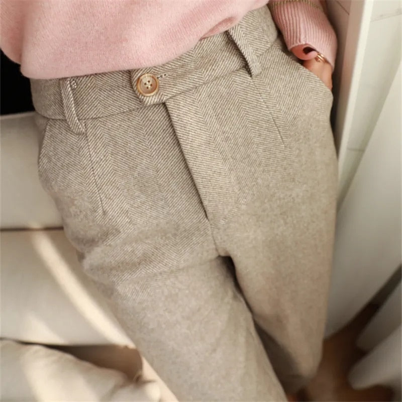 Woolen High Waisted Casual Suit Pants