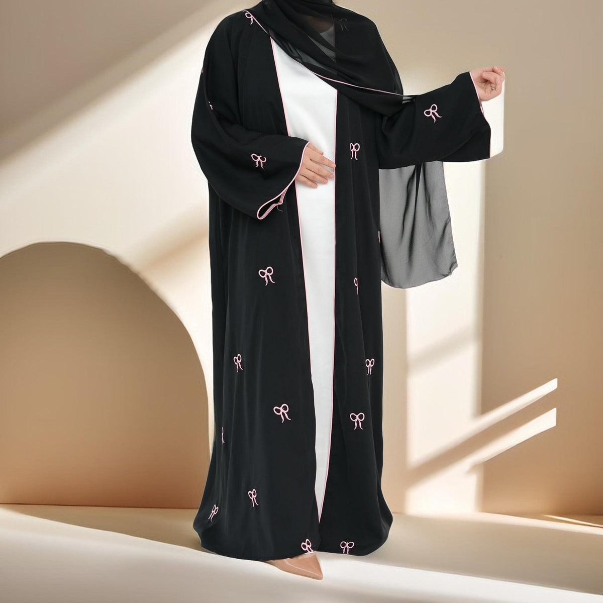 Habeeba Bowtie Open Abaya-Black - Try Modest Limited