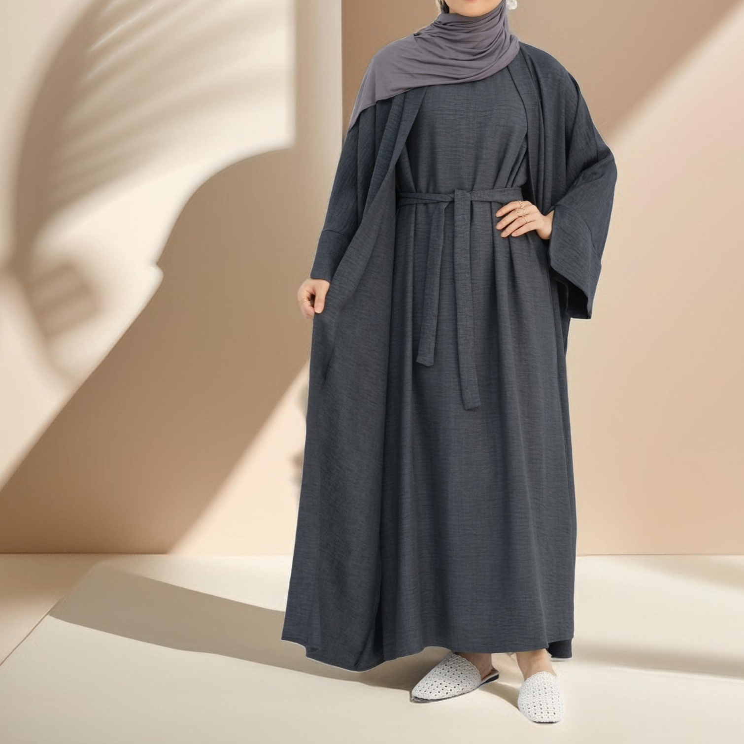 Kamila Classic: 2-Piece Plain Open Abaya Set Try Modest Limited