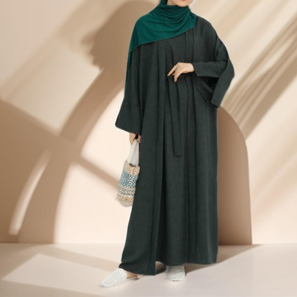 Kamila Classic : ensemble d'abaya ouvert uni 2 pièces