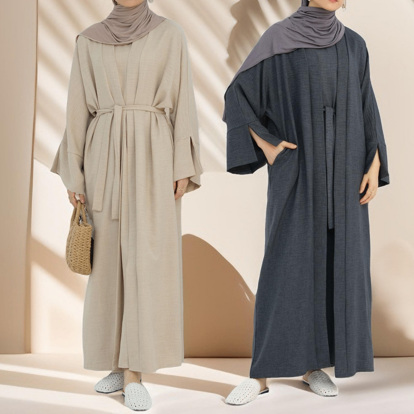 Kamila Classic : ensemble d'abaya ouvert uni 2 pièces