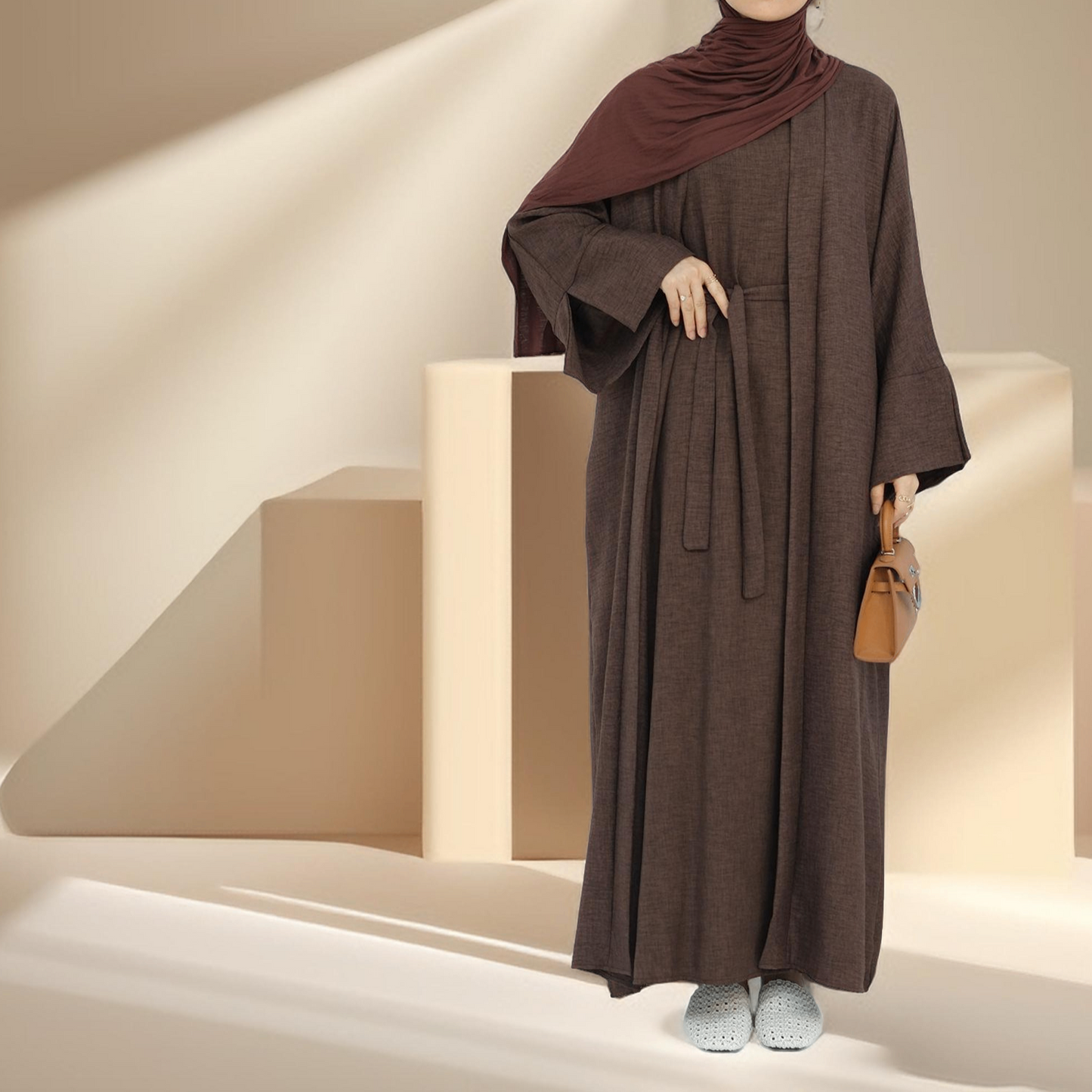 Kamila Classic : ensemble d'abaya ouvert uni 2 pièces