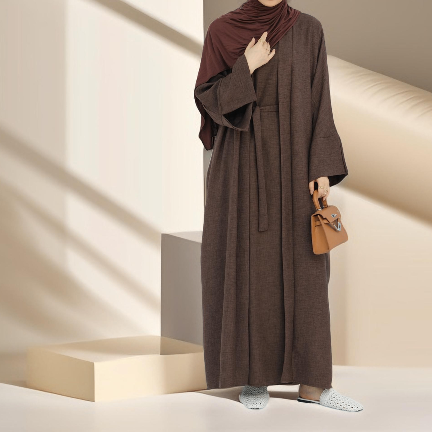 Kamila Classic : ensemble d'abaya ouvert uni 2 pièces