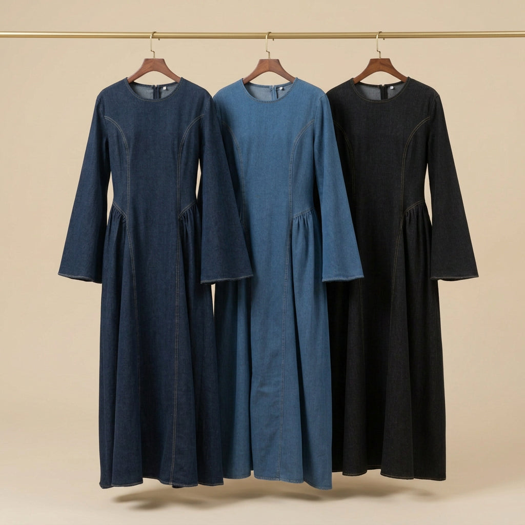 Three long-sleeve maxi dresses displayed on a mannequin and hangers against a white paneled wall. The dresses are in three shades of blue denim: a dark navy on the mannequin, a medium blue in the center, and a black dress on the right hanger.