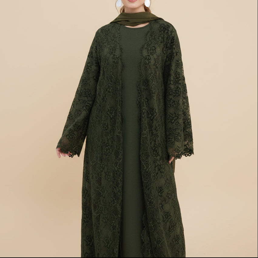 Ensemble abaya ouverte en dentelle florale Laleh avec robe intérieure sans manches