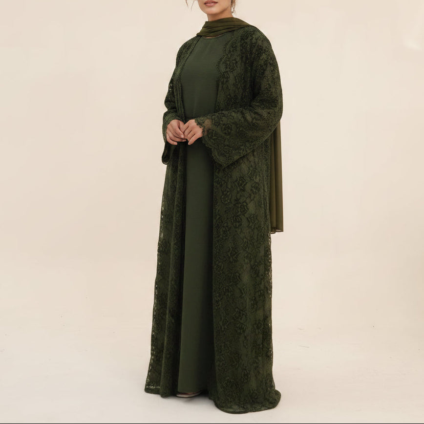 Ensemble abaya ouverte en dentelle florale Laleh avec robe intérieure sans manches