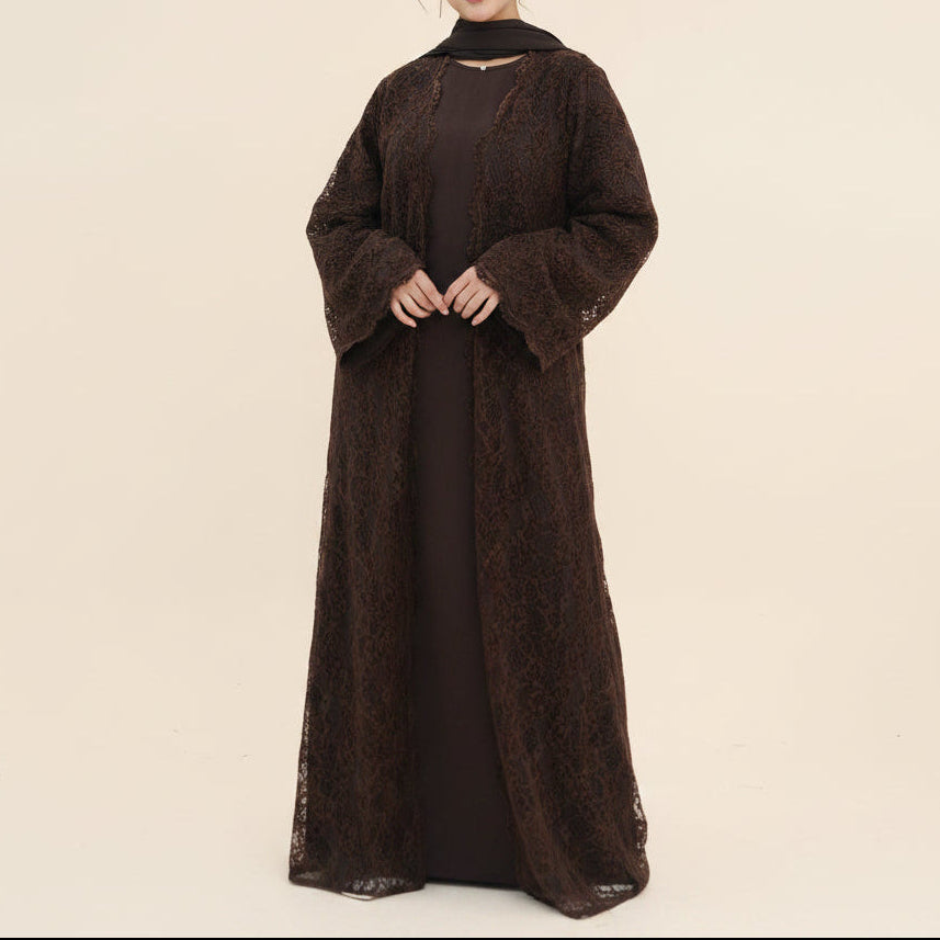 Ensemble abaya ouverte en dentelle florale Laleh avec robe intérieure sans manches