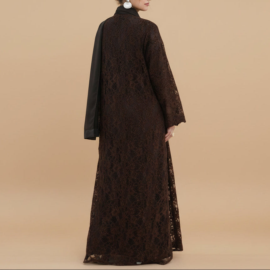 Ensemble abaya ouverte en dentelle florale Laleh avec robe intérieure sans manches