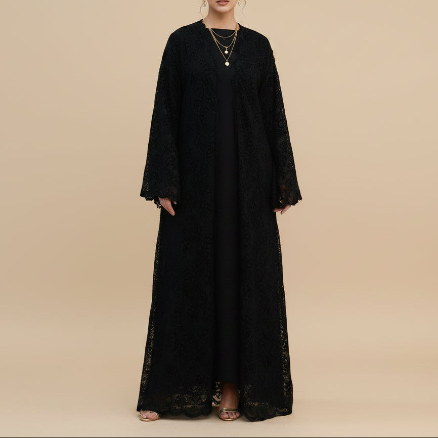 Ensemble abaya ouverte en dentelle florale Laleh avec robe intérieure sans manches