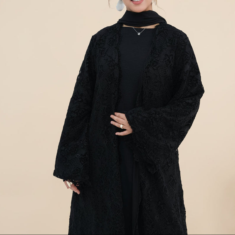 Ensemble abaya ouverte en dentelle florale Laleh avec robe intérieure sans manches