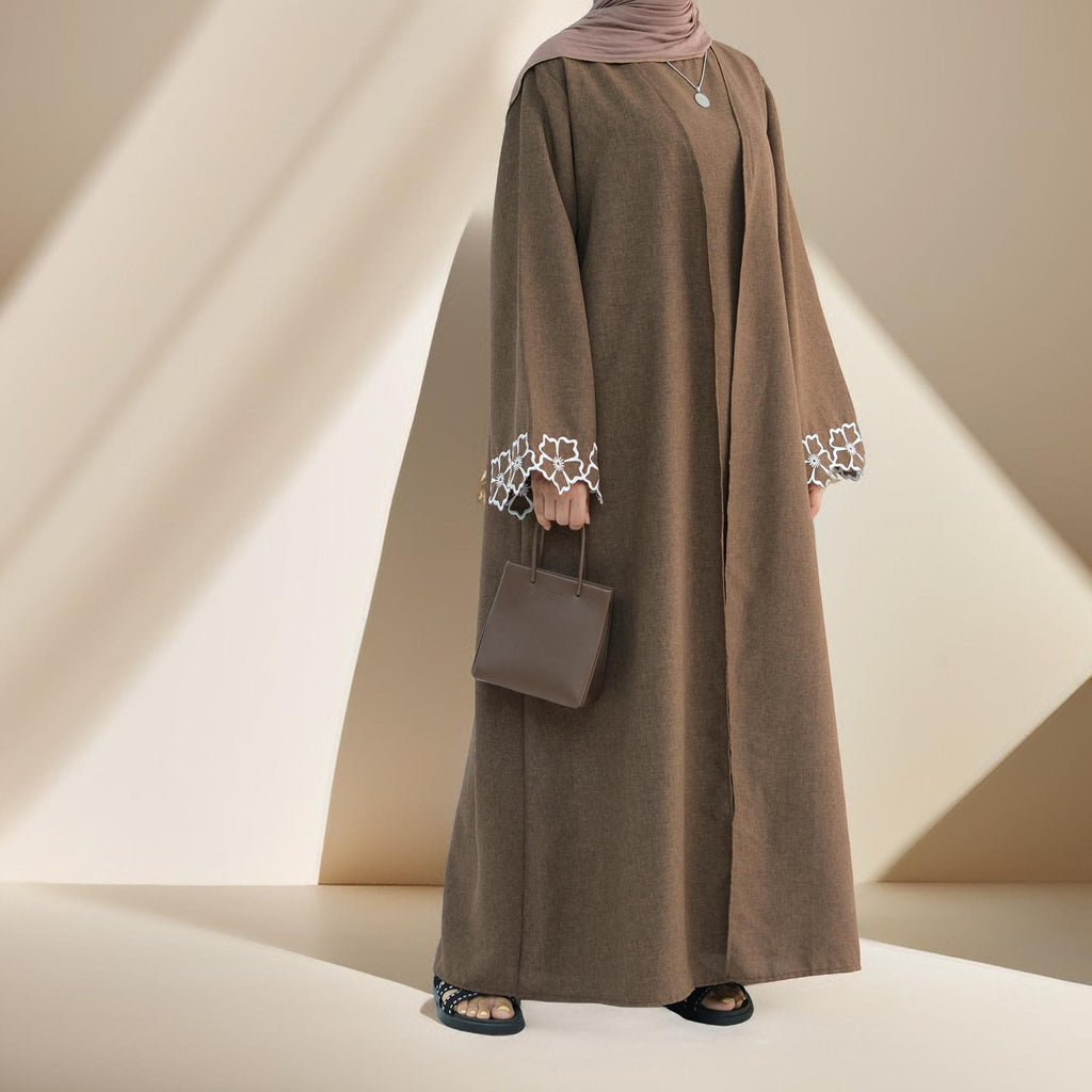 Lily 2 PC Abaya Set with Elegant Floral Sleeve Embroidery - Try Modest Limited