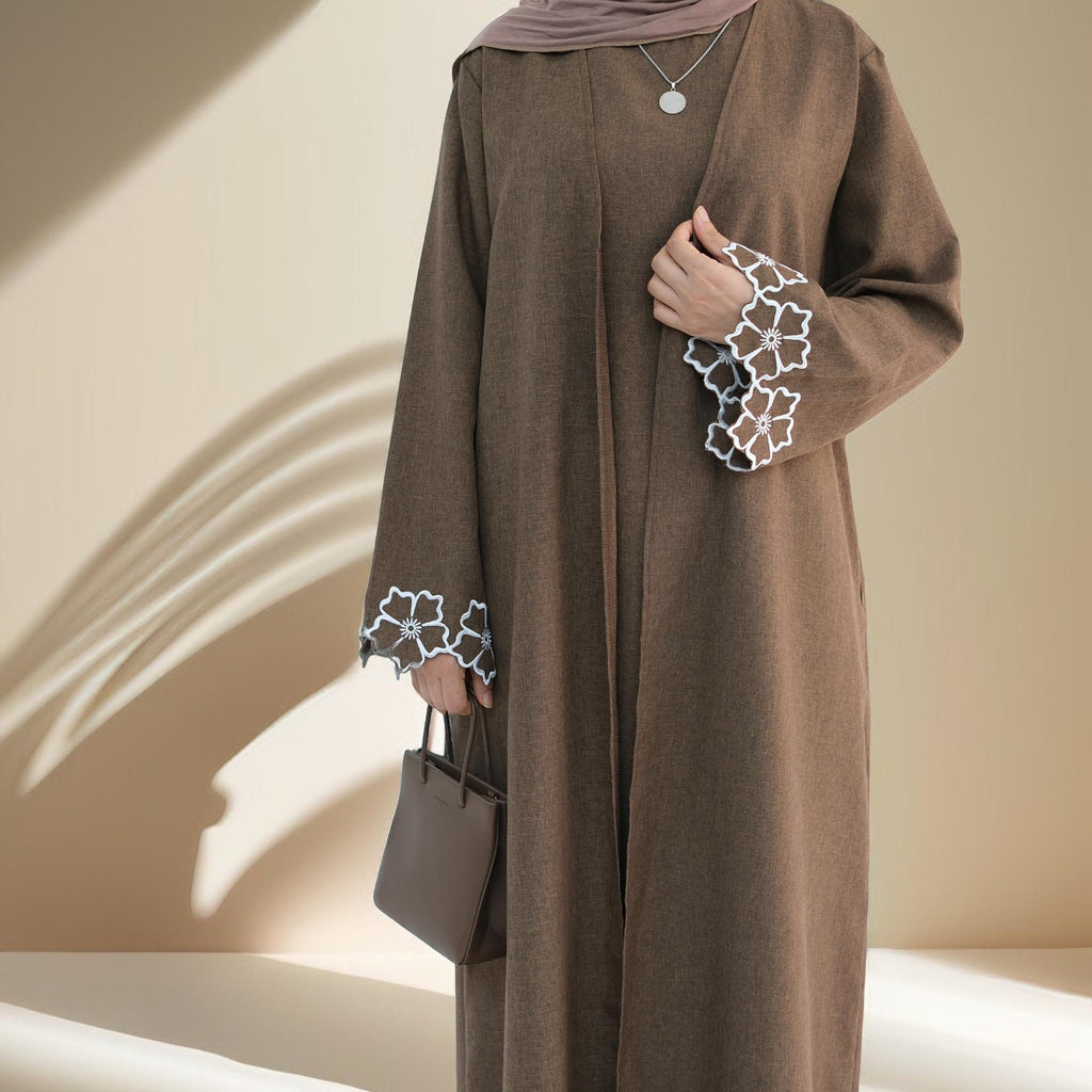 Lily 2 PC Abaya Set with Elegant Floral Sleeve Embroidery - Try Modest Limited