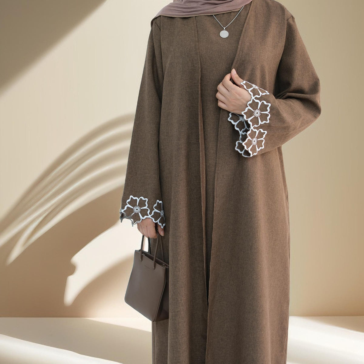 Lily 2 PC Abaya Set with Elegant Floral Sleeve Embroidery - Try Modest Limited