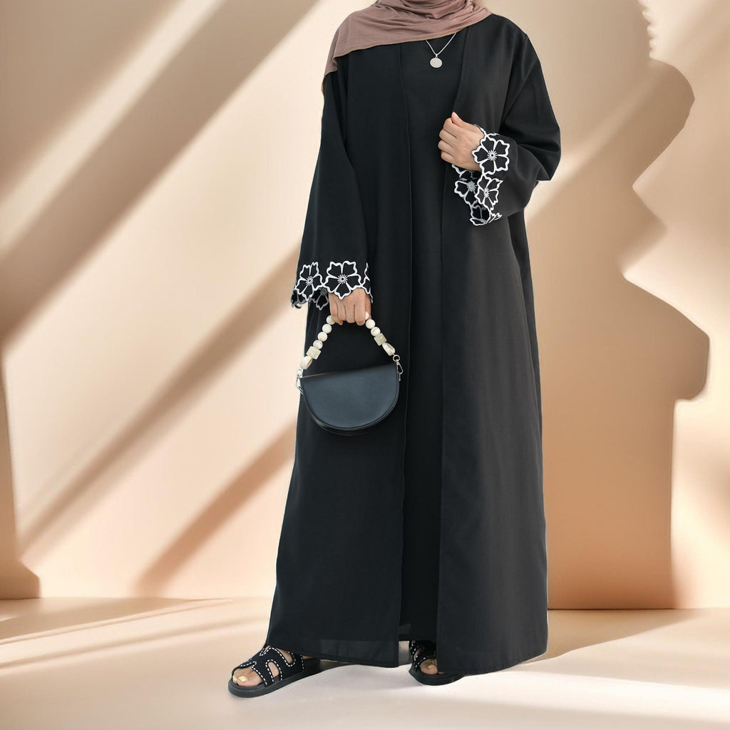 Lily 2 PC Abaya Set with Elegant Floral Sleeve Embroidery - Try Modest Limited