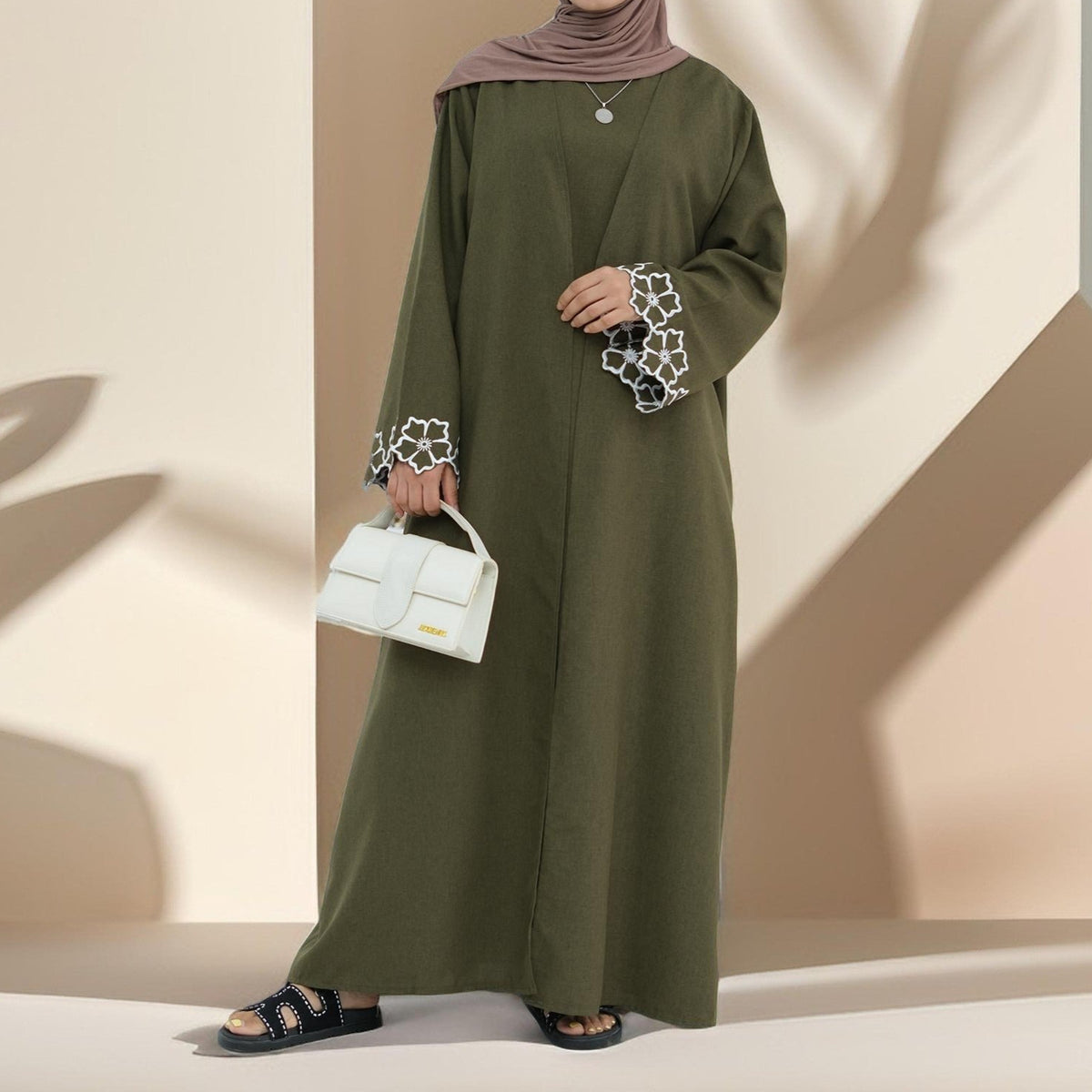 Lily 2 PC Abaya Set with Elegant Floral Sleeve Embroidery - Try Modest Limited