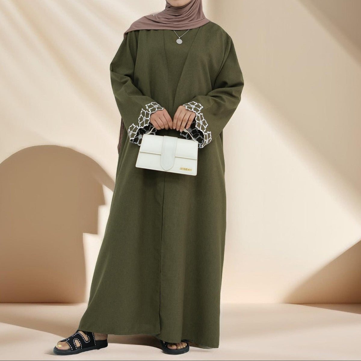 Lily 2 PC Abaya Set with Elegant Floral Sleeve Embroidery - Try Modest Limited