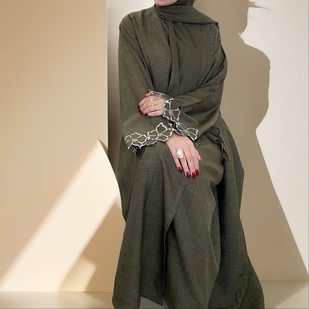 Lily 2 PC Abaya Set with Elegant Floral Sleeve Embroidery - Try Modest Limited