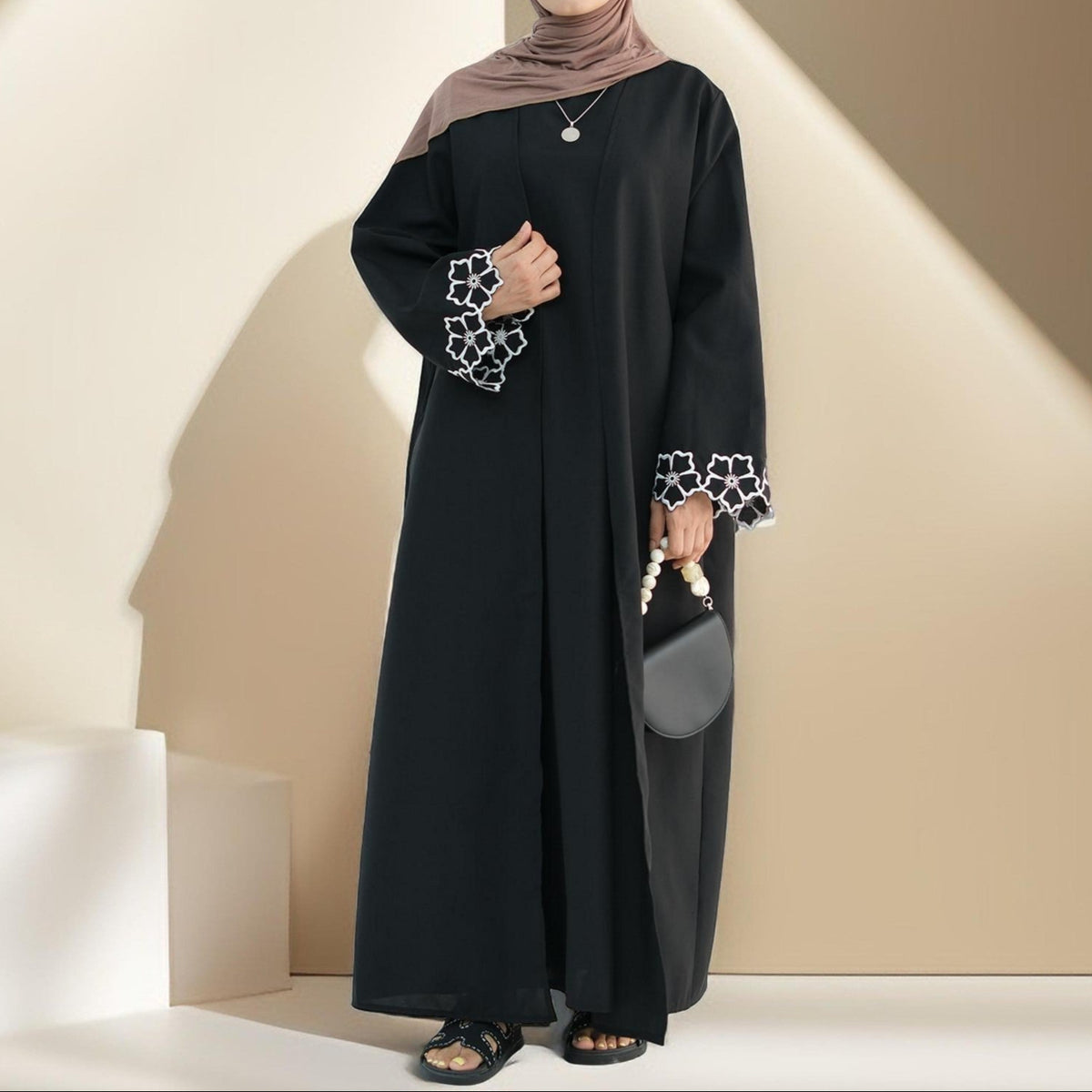 Lily 2 PC Abaya Set with Elegant Floral Sleeve Embroidery - Try Modest Limited