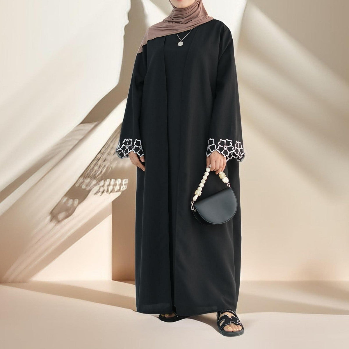 Lily 2 PC Abaya Set with Elegant Floral Sleeve Embroidery - Try Modest Limited