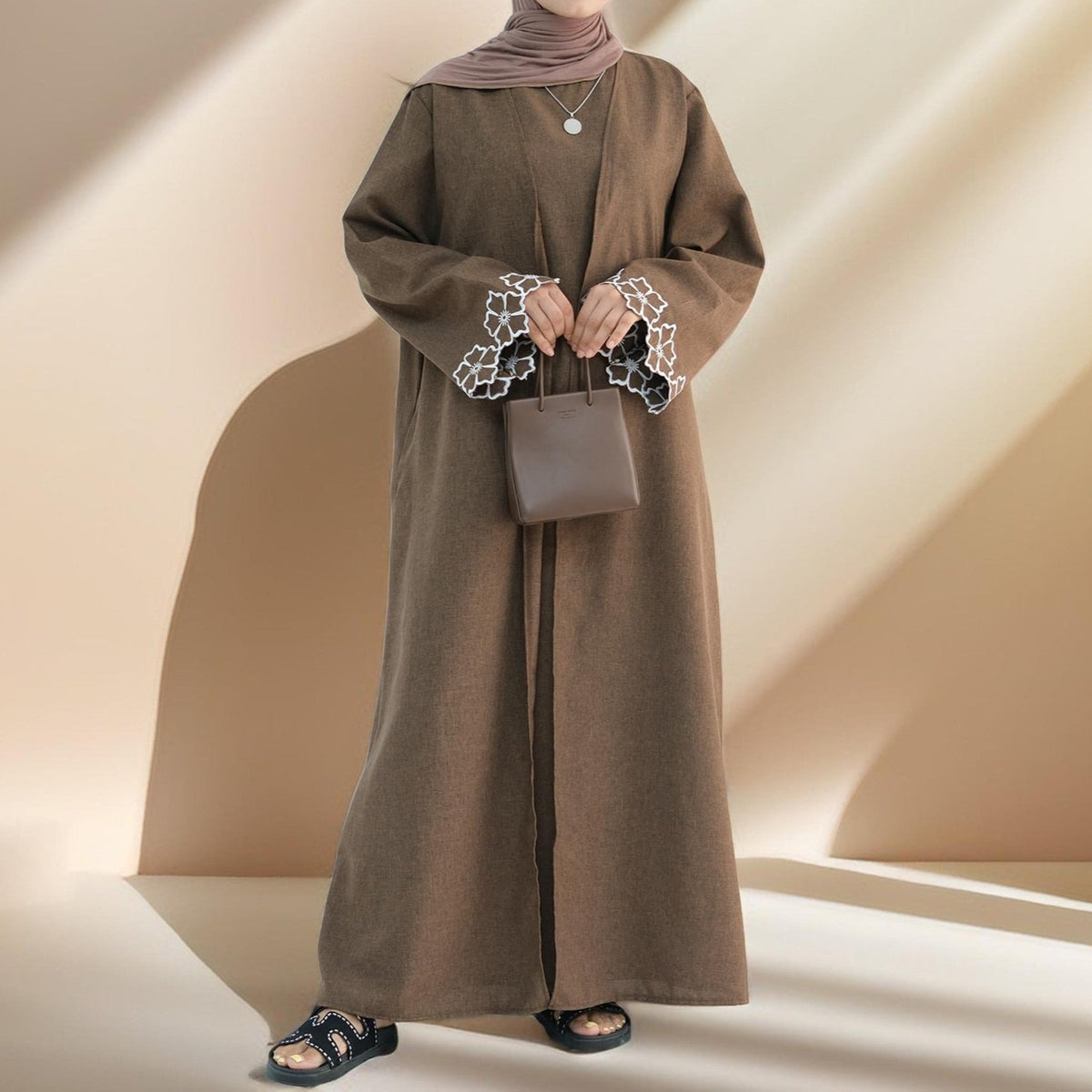 Lily 2 PC Abaya Set with Elegant Floral Sleeve Embroidery - Try Modest Limited