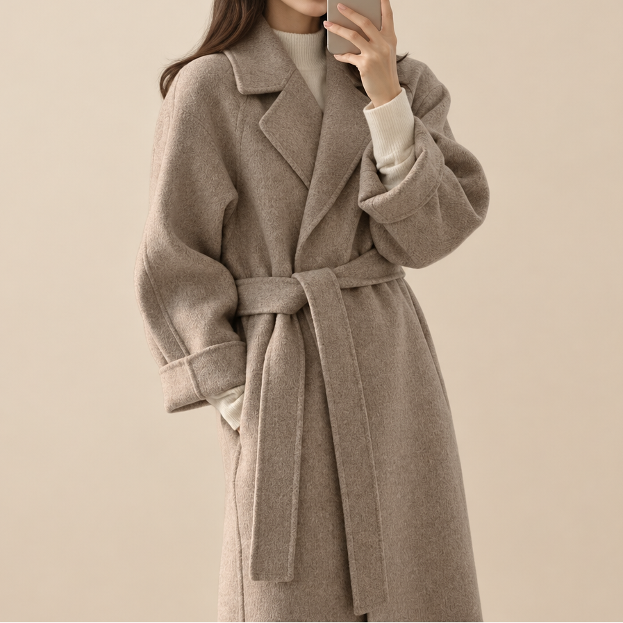 A woman takes a mirror selfie wearing a long taupe wool-blend coat with a matching waist tie belt, layered over a cream turtleneck. The background is a solid, warm beige studio backdrop.