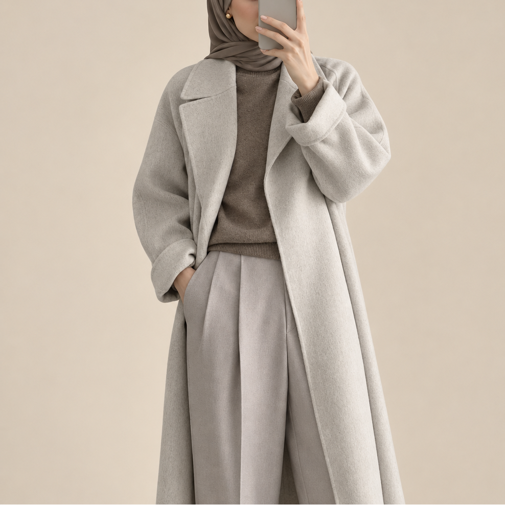 A woman wearing a long light gray coat over a taupe sweater and matching wide-leg trousers, with a taupe hijab, taking a mirror-style photo against a plain beige studio background.