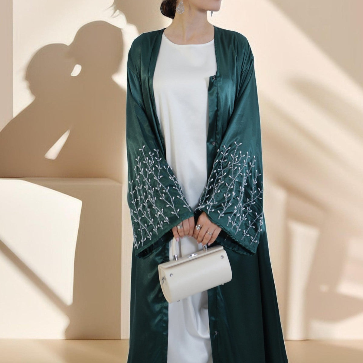 Lulua Satin Luxe Abaya with Handcrafted Pearls - Try Modest Limited