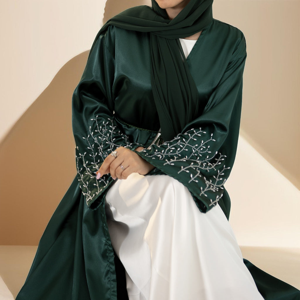 Lulua Satin Luxe Abaya with Handcrafted Pearls - Try Modest Limited