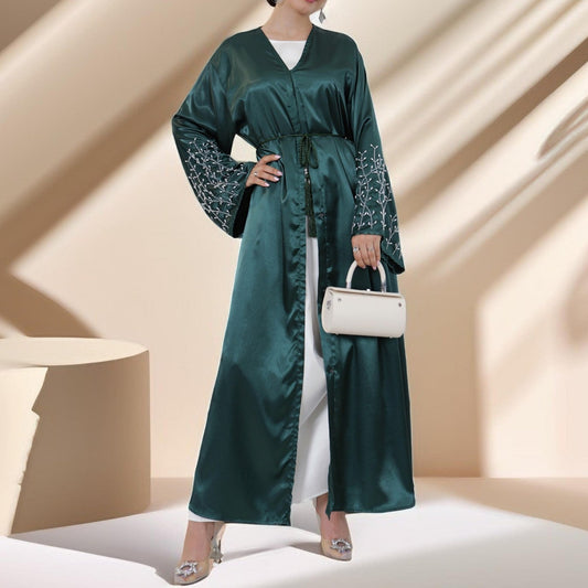 Lulua Satin Luxe Abaya with Handcrafted Pearls - Try Modest Limited 