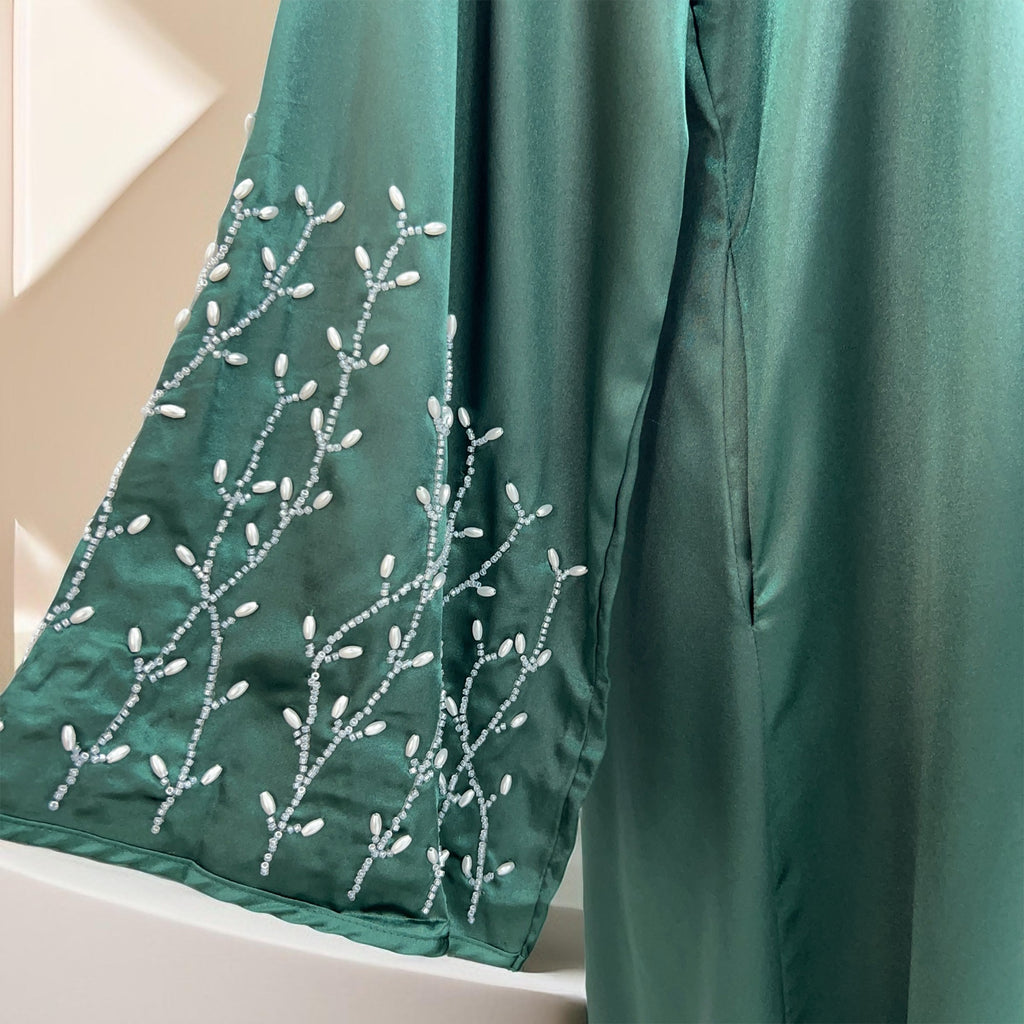 Lulua Satin Luxe Abaya with Handcrafted Pearls - Try Modest Limited