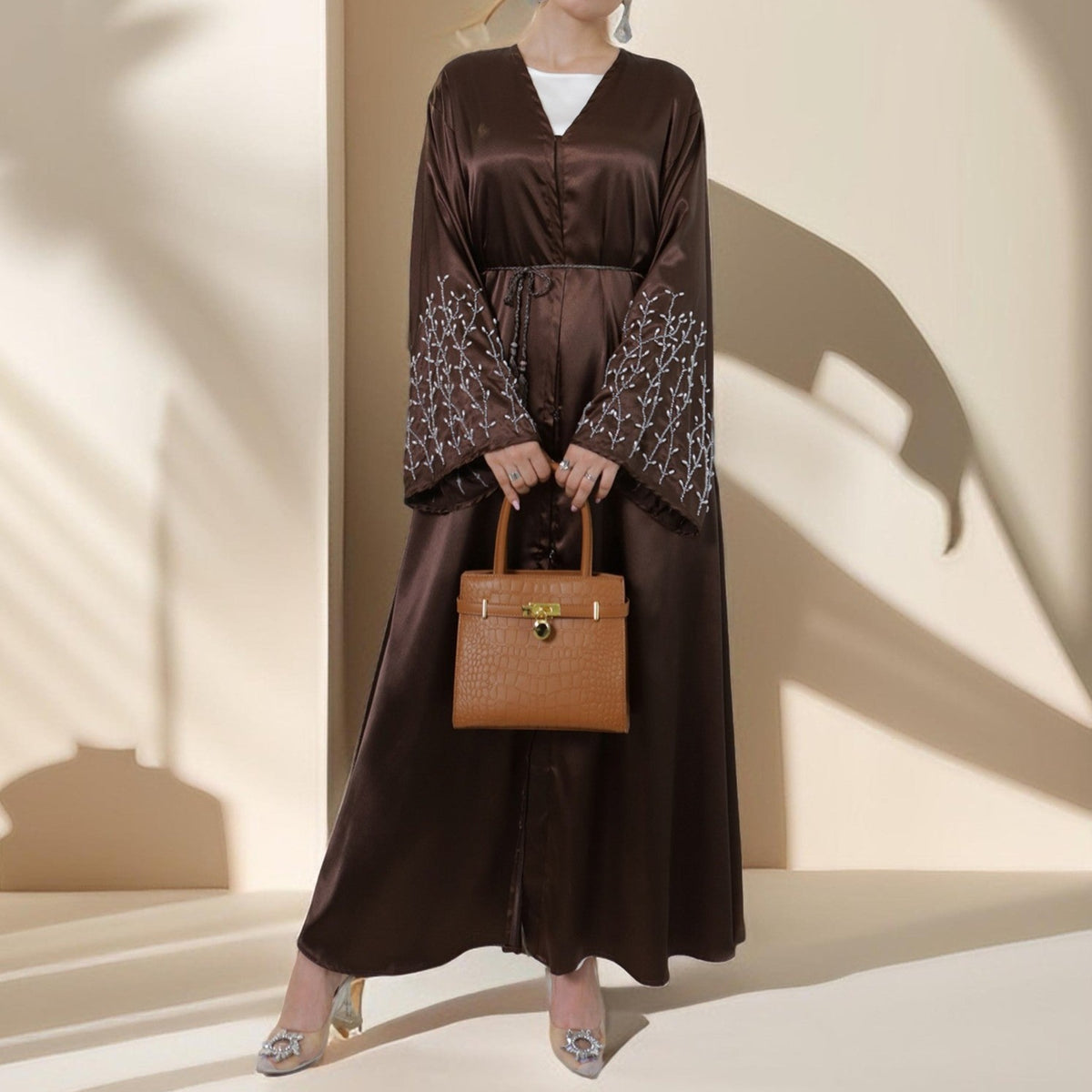 Lulua Satin Luxe Abaya with Handcrafted Pearls - Try Modest Limited