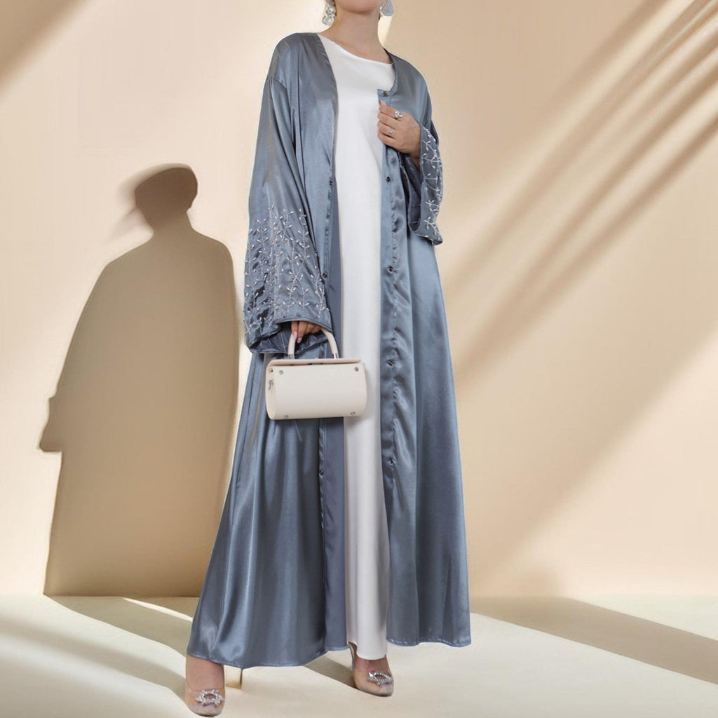 Lulua Satin Luxe Abaya with Handcrafted Pearls - Try Modest Limited