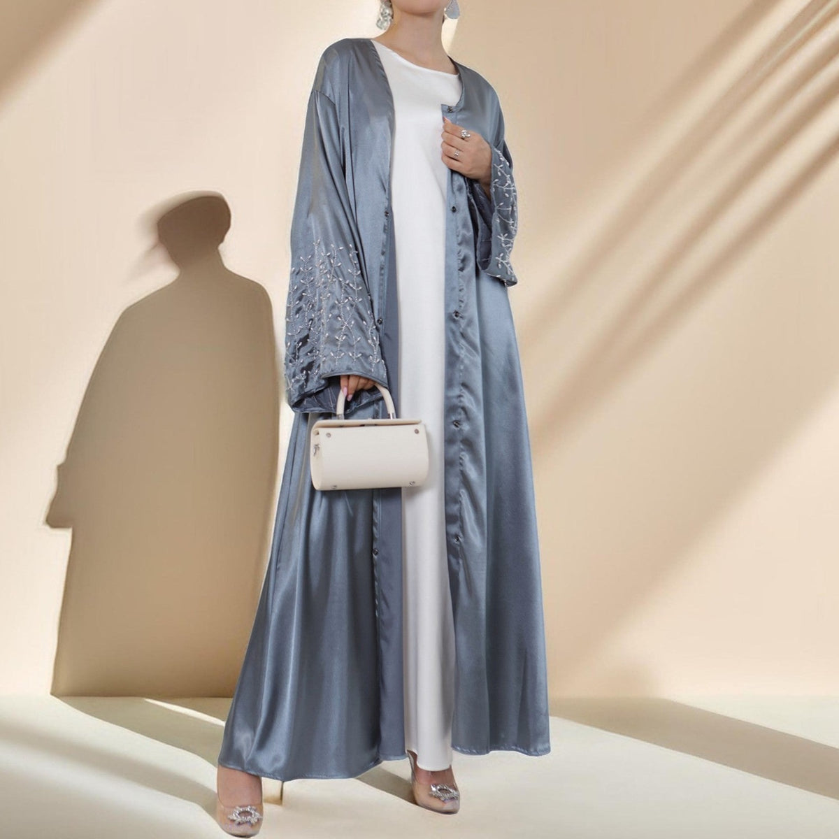 Lulua Satin Luxe Abaya with Handcrafted Pearls - Try Modest Limited