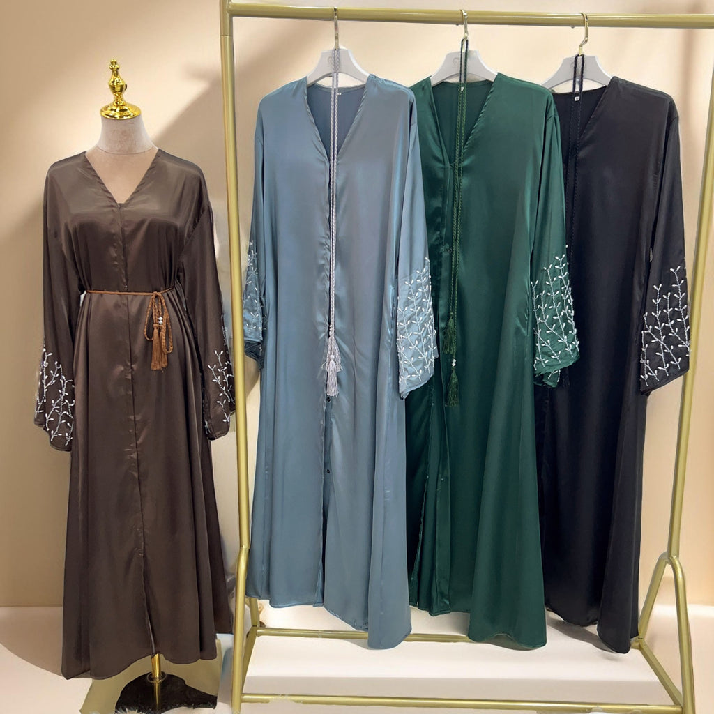 Lulua Satin Luxe Abaya with Handcrafted Pearls - Try Modest Limited