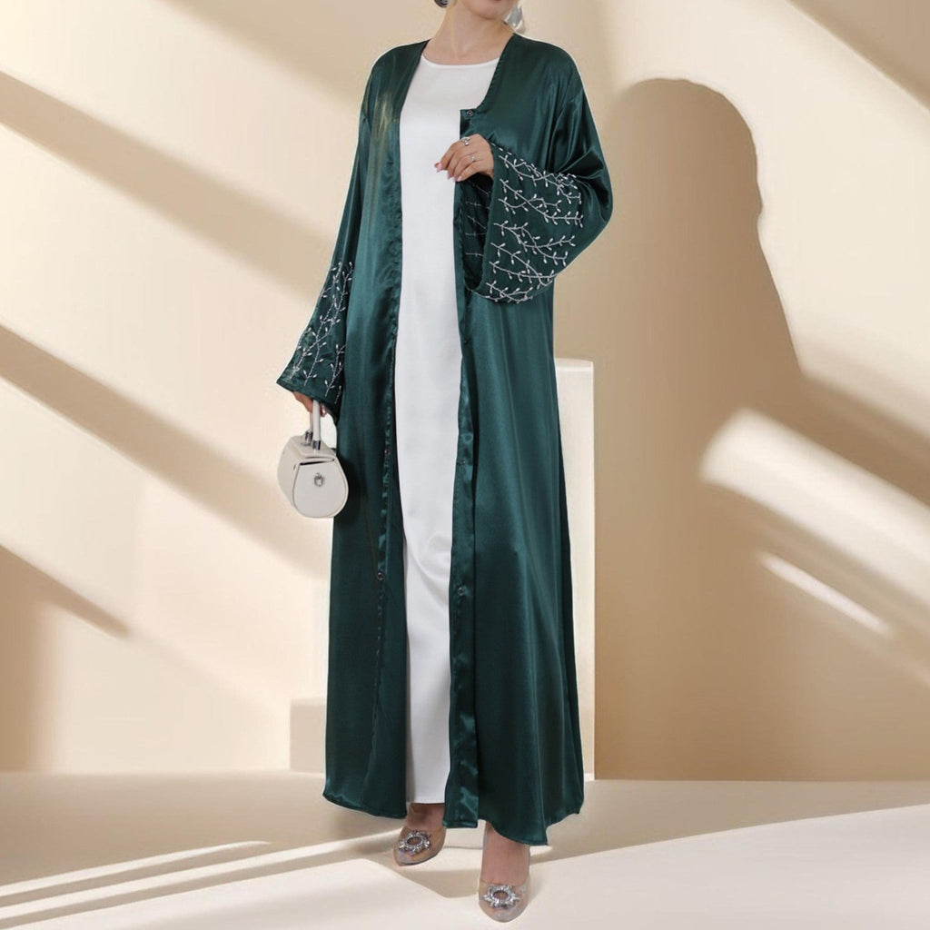 Lulua Satin Luxe Abaya with Handcrafted Pearls - Try Modest Limited