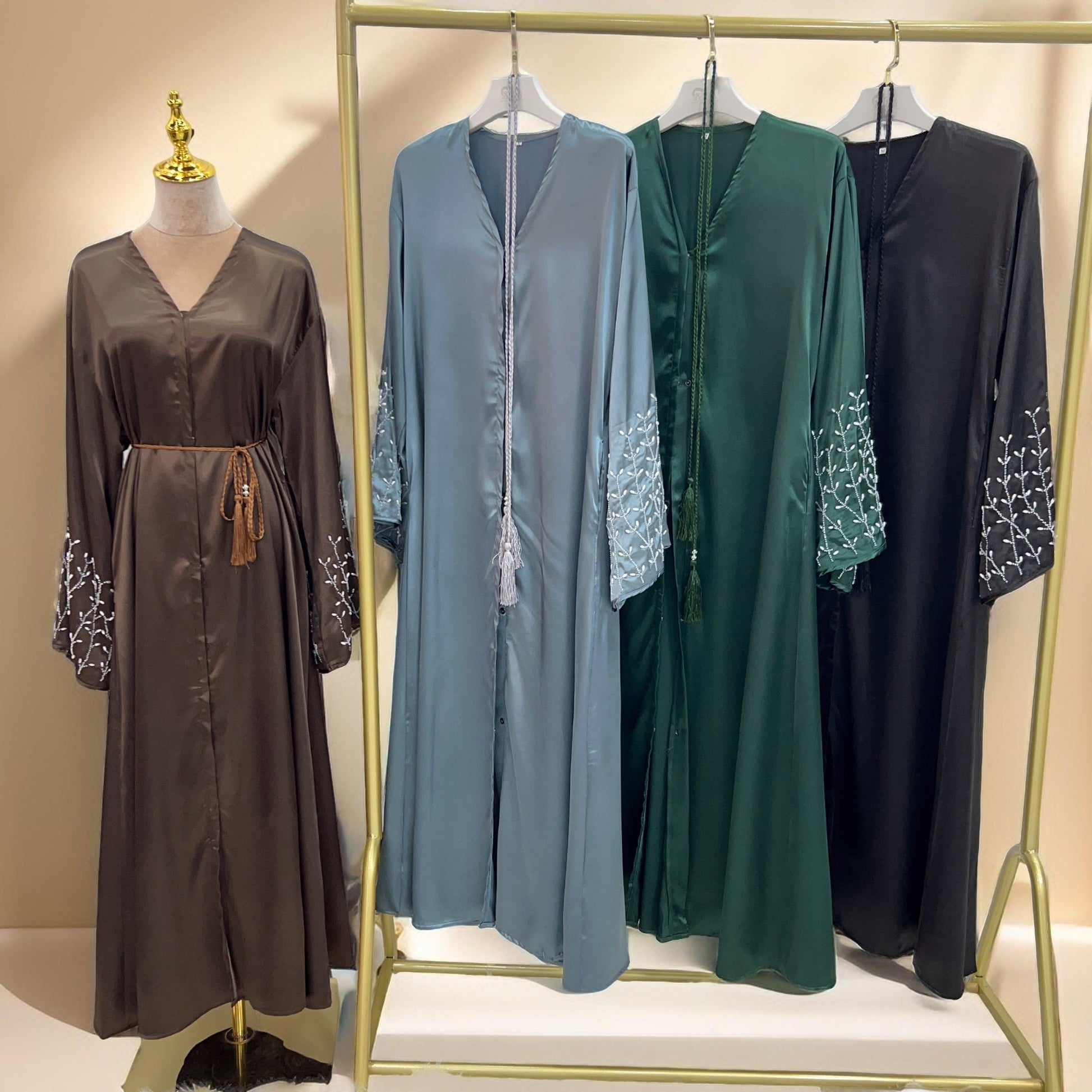 Lulua Satin Luxe Abaya with Handcrafted Pearls - Try Modest Limited 