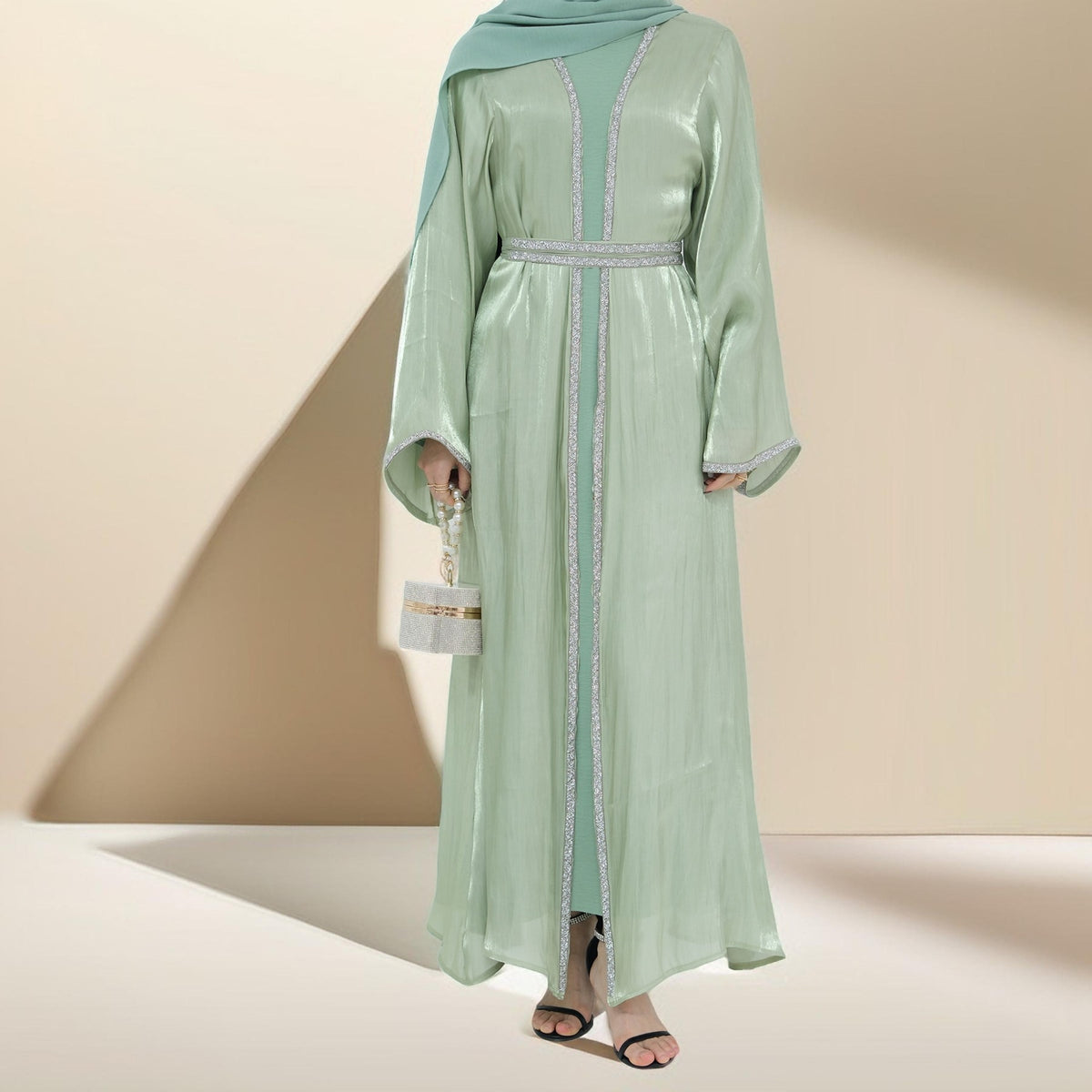 glitter abaya dress Luxury Twinkle Abaya Set: 3-piece Glitter Kaftan, Slip Dress & Hijab