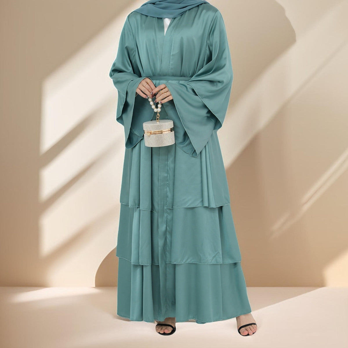 Luxe-3 Layer Satin Open Front Abaya - Try Modest Limited