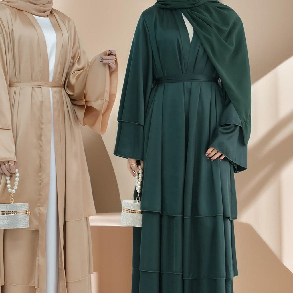 Luxe-3 Layer Satin Open Front Abaya - Try Modest Limited