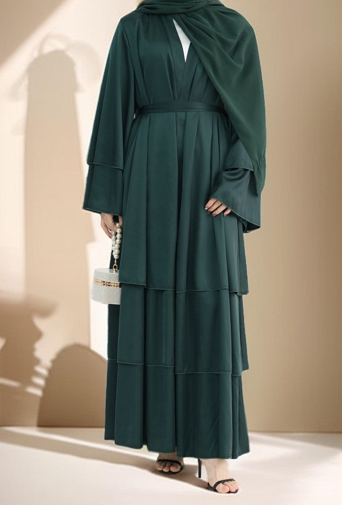 Luxe-3 Layer Satin Open Front Abaya - Try Modest Limited