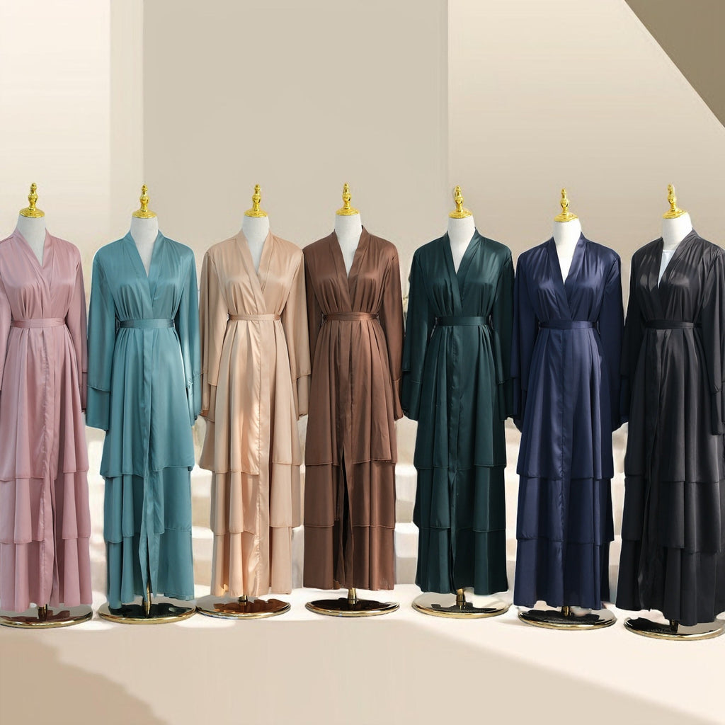 Luxe-3 Layer Satin Open Front Abaya - Try Modest Limited