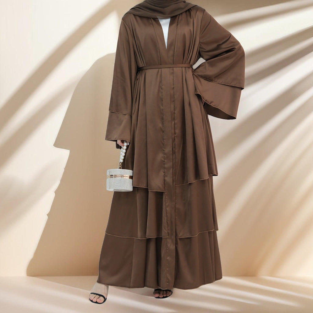 Luxe-3 Layer Satin Open Front Abaya - Try Modest Limited