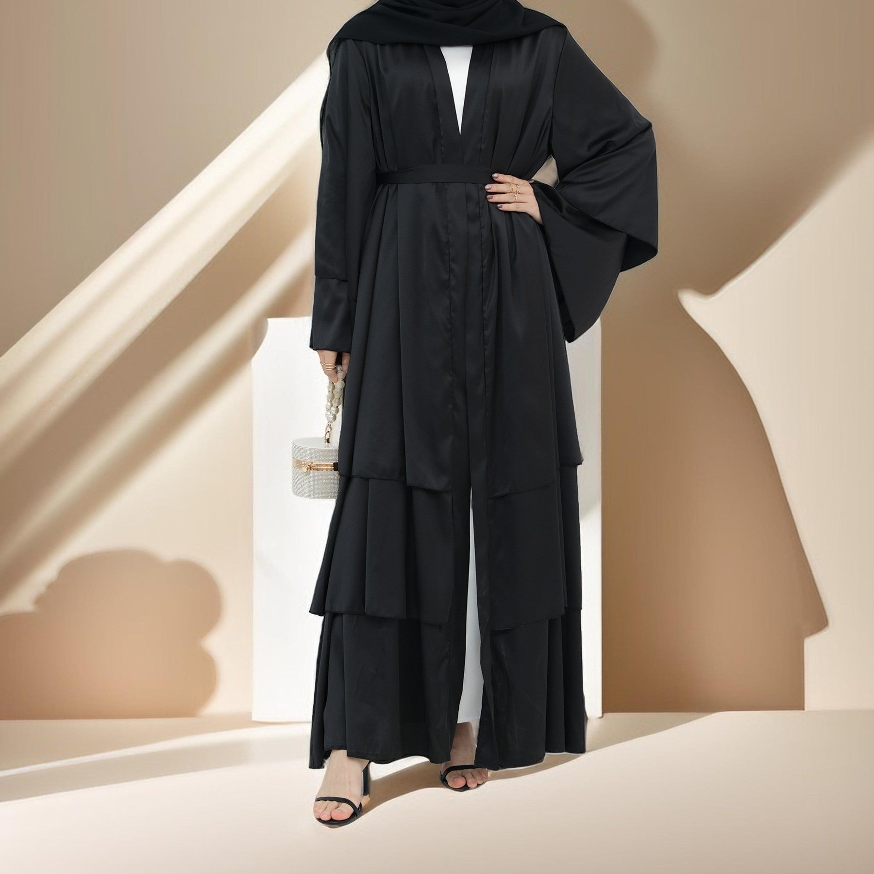 Luxe-3 Layer Satin Open Front Abaya - Try Modest Limited 