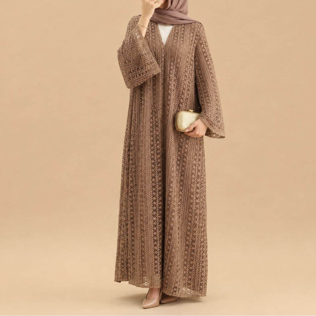 Maelis Crochet Lace Open-Front Abaya