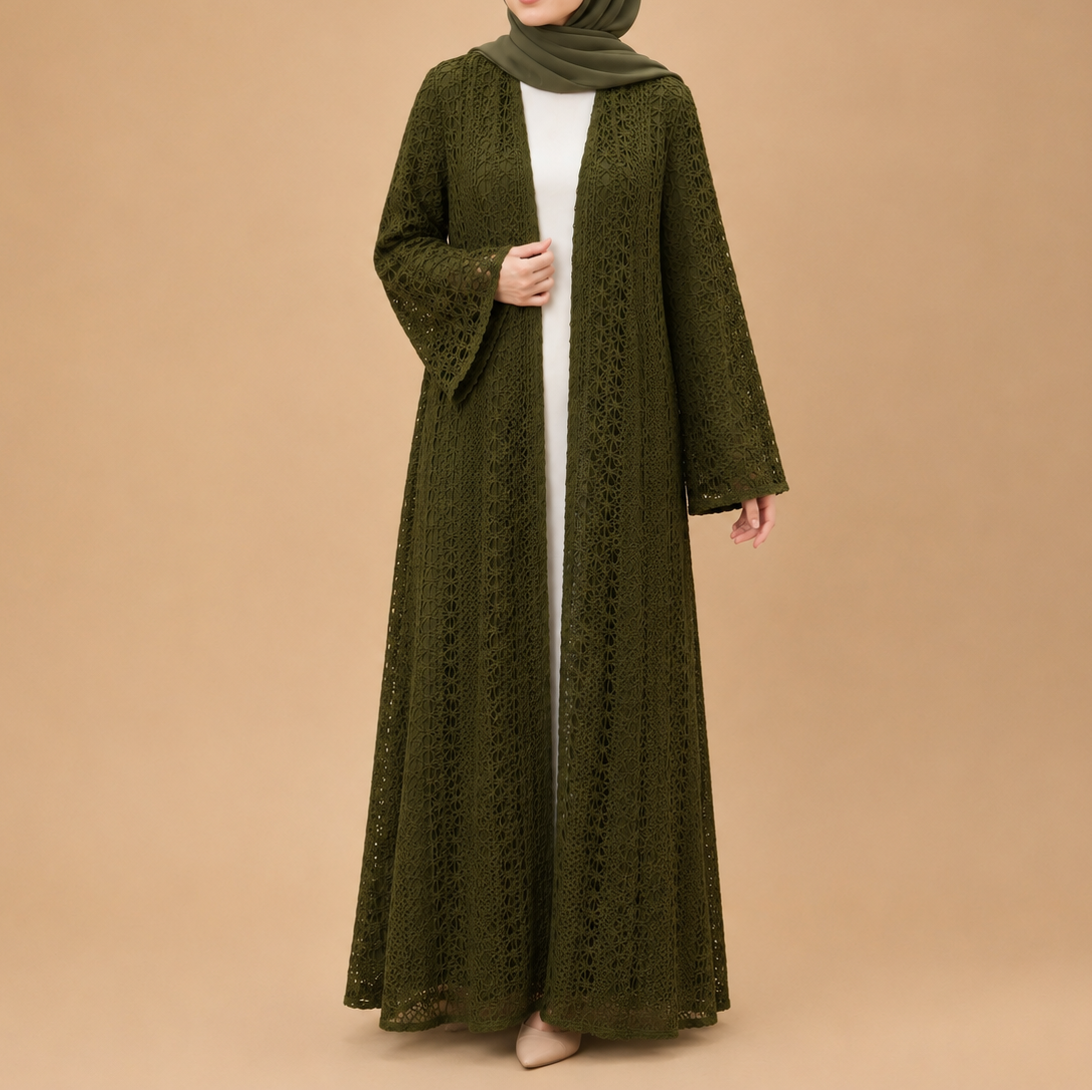 Maelis Crochet Lace Open-Front Abaya