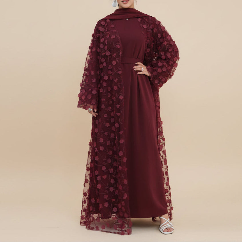 Completo Naylira con abaya floreale 3D – Abito modesto e hijab in 3 pezzi